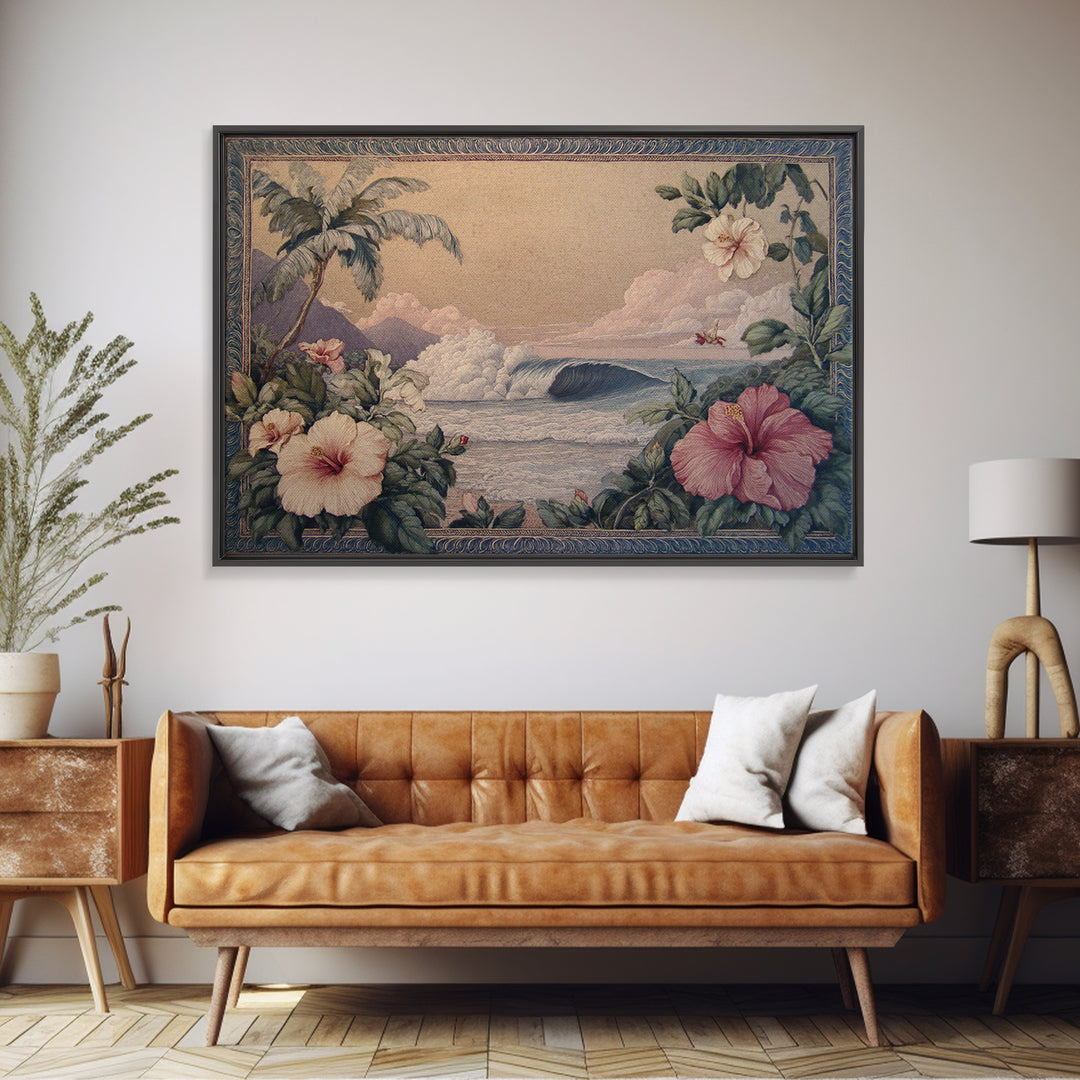 Sunset Surf Scene Framed Canvas Print, Tropical Art, Beach Decor, Living Room Decor, Oil Painting, Tropic, Fine Art Print, TRO-3x2-74