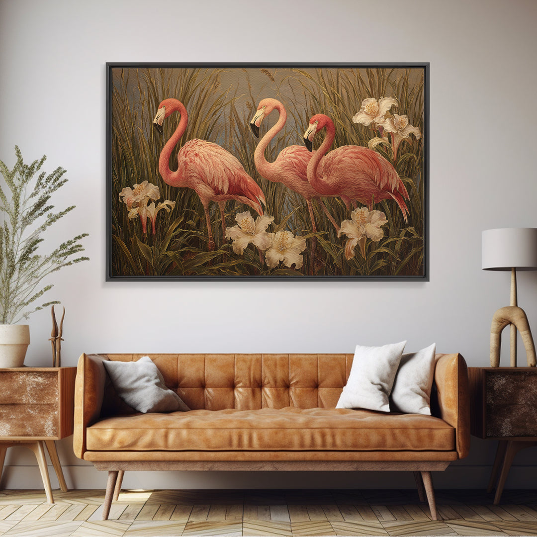 Pink Flamingos Among Tropical Water Plants Framed Canvas Print, Tropical Art, Whimsical Art, Living Room Decor, Tropic, TRO-3x2-78
