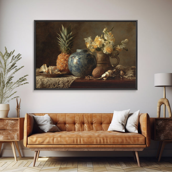 Pineapple and Palm Still Life Framed Canvas Print, Tropical Art, Botanical Art, Living Room Decor, Oil Painting, Tropic, TRO-3x2-82