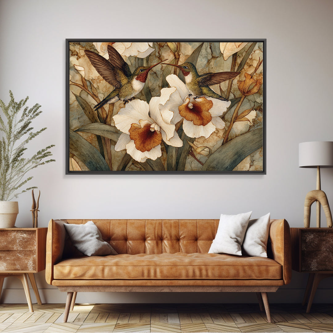 Orchid and Hummingbird Composition Framed Canvas Print, Tropical Art, Trendy Wall Art, Living Room Decor, Fine Art, Tropic, TRO-3x2-86