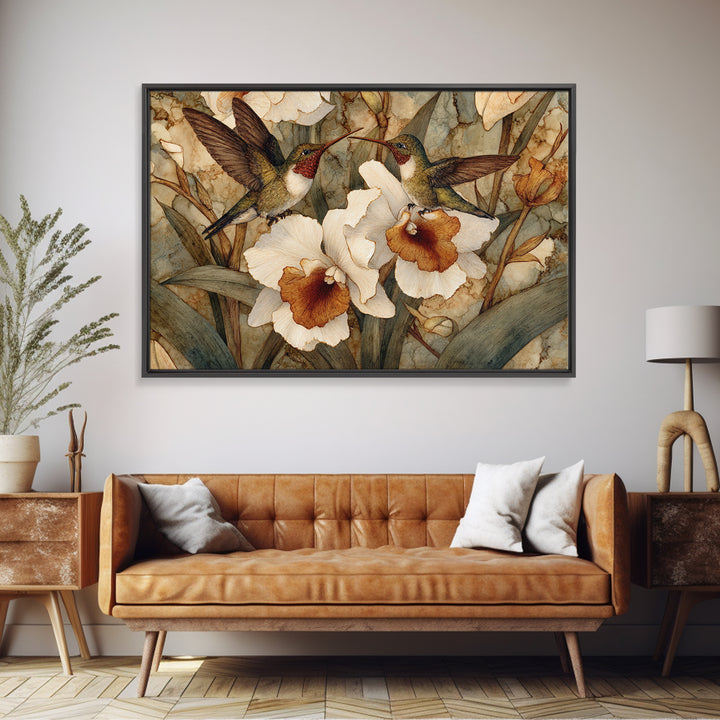 Orchid and Hummingbird Composition Framed Canvas Print, Tropical Art, Trendy Wall Art, Living Room Decor, Fine Art, Tropic, TRO-3x2-86