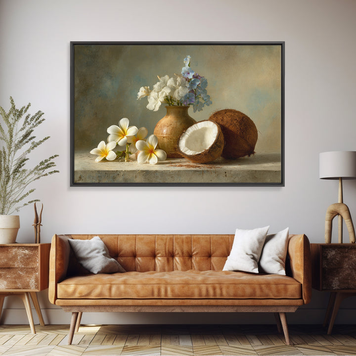 Coconut and Plumeria Still Life Canvas Print, Tropical Art, Decor, Living Room Decor, Tropic 588, Bird Art, Set of Prints, TRO-3x2-88