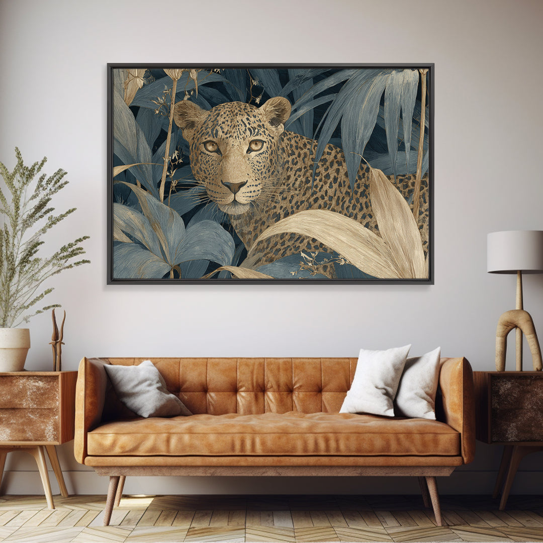 Leopard Hidden Among Palm Leaves Framed Canvas Print, Tropical Art, Coastal Art, Living Room Decor, Fine Art, Tropic, TRO-3x2-90