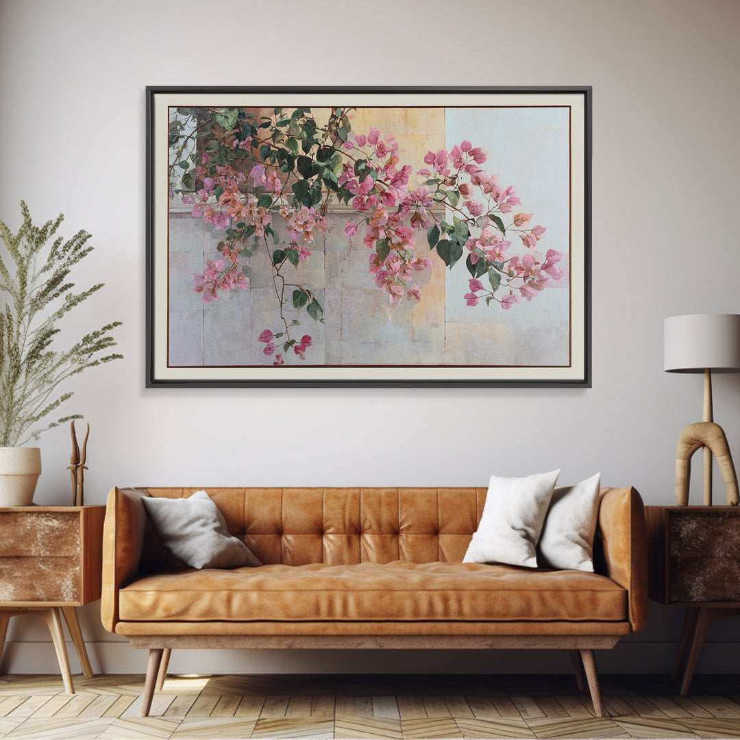 Pink Bougainvillea over White Wall Framed Canvas Print, Tropical Art, Digital Prints, Living Room Decor, Fine Art, Tropic, TRO-3x2-92