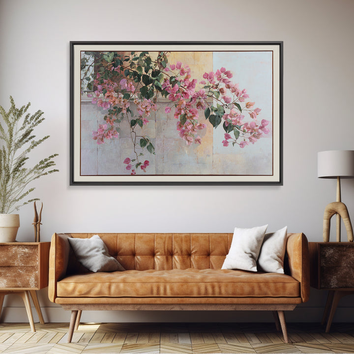 Pink Bougainvillea over White Wall Framed Canvas Print, Tropical Art, Digital Prints, Living Room Decor, Fine Art, Tropic, TRO-3x2-92