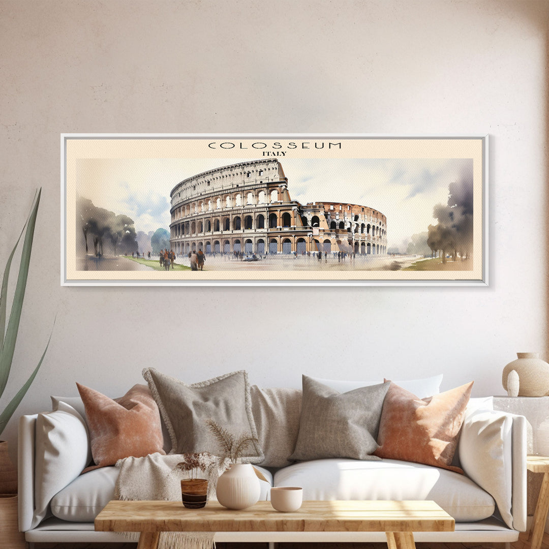 Colosseum Retro Style Travel Poster - Framed Canvas Print - COUNTRY Travel Decor | Vintage Style Home Decor - Travel Print - Wall Art