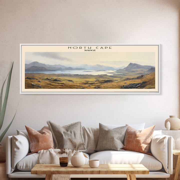 North Cape Travel Art Framed Canvas Print, COUNTRY Wall Decor, Home Decor, Travel Poster, Vintage Wall Art, Watercolor Painting