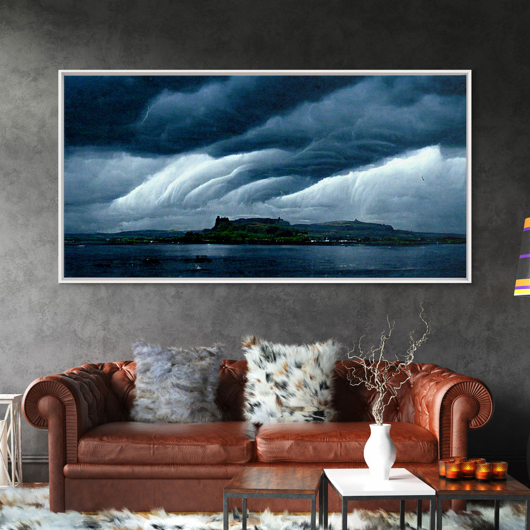 Rainstorm wall art, canvas print, ready to hang, fast moving storm over an island castle, cool wall art