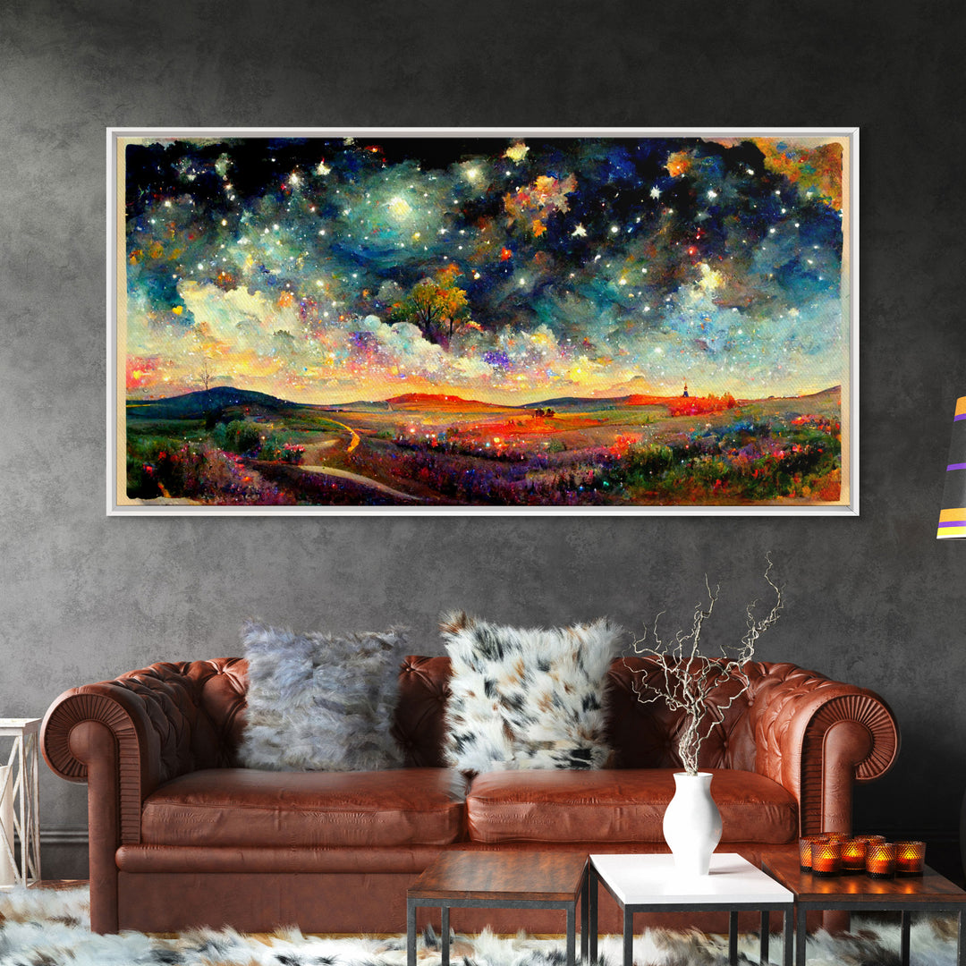Night Starry Sky Landscape On Canvas Print Colorful Night Sky Painting Nature Painting Living Room Wall Art Spiritual Starry Painting