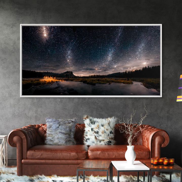 Cool Wall Art Landscape Mountains Nature Painting Prints Minimalist Modern Home Artwork Decoration Night Sky With Stars, Framed Canvas Print