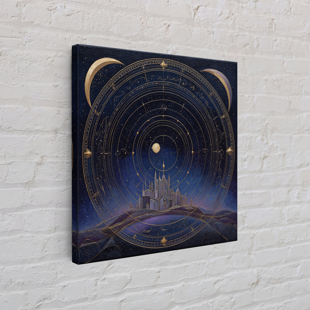 Night Skyline under Crescent Moon Framed Canvas Print, Urban Art, Digital Download Art, Living Room Decor, Abstract Art, Urban, URB-1x1-24