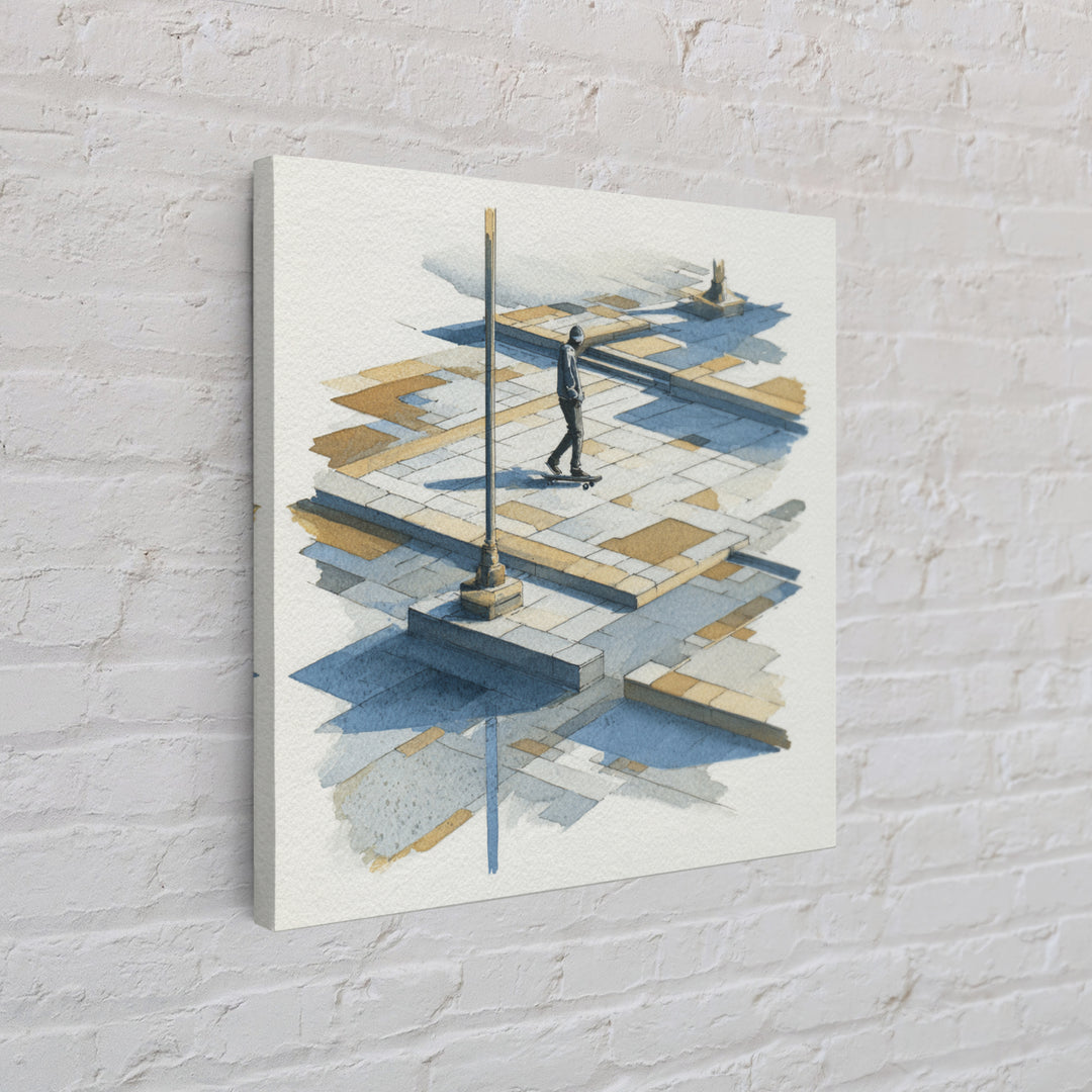 Skateboarder Crossing a Concrete Plaza Canvas Print, Urban Art, Basketball Wall Art, Living Room Decor, Watercolor Art, Urban, URB-1x1-55