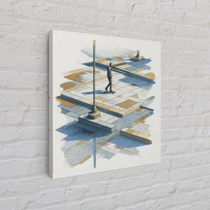 Skateboarder Crossing a Concrete Plaza Canvas Print, Urban Art, Basketball Wall Art, Living Room Decor, Watercolor Art, Urban, URB-1x1-55