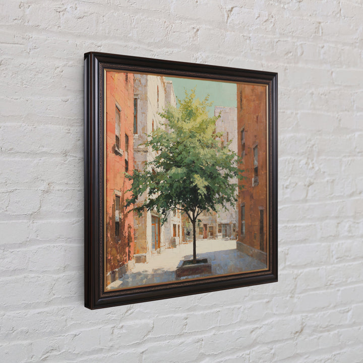 City Park Tree Framed by Buildings Framed Canvas Print, Urban Art, Colorful Wall Art, Living Room Decor, Abstract Art, Urban, URB-1x1-66