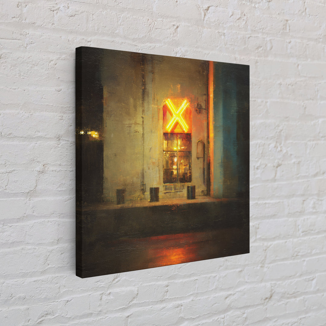 Neon Sign Glow Reflected on Black Street Framed Canvas Print, Urban Art, Gallery Decor, Living Room Decor, Fine Art, Urban, URB-1x1-78