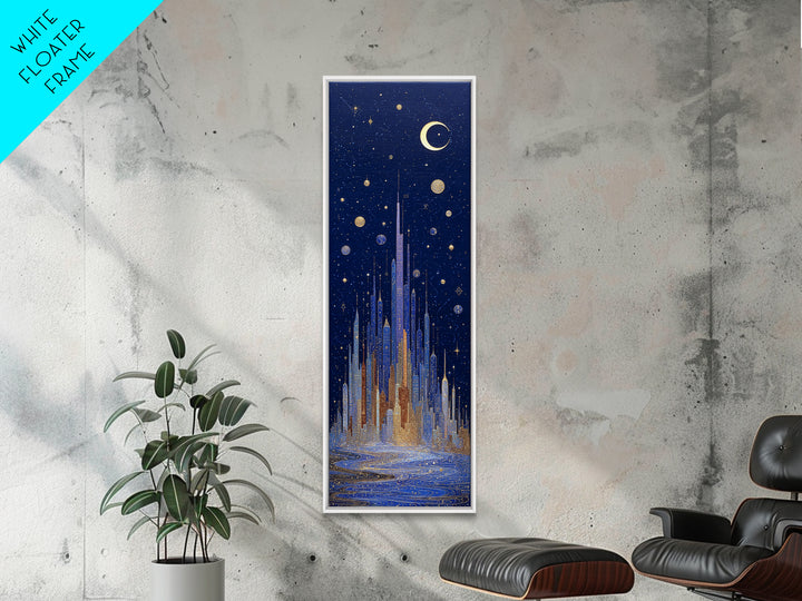 Night Skyline under Crescent Moon Canvas Print, Urban Art, Boho Decor, Living Room Decor, Abstract Art, Urban, Digital Prints, URB-1x3-12
