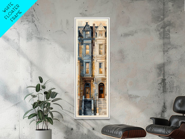 Brownstone Row in Soft Morning Light Framed Canvas Print, Urban Art, Art Print, Living Room Decor, Urban, Oil Painting, URB-1x3-24