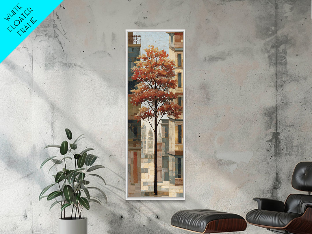 City Park Tree Framed by Buildings Framed Canvas Print, Urban Art, Canvas Painting, Living Room Decor, Oil Painting, Urban, URB-1x3-54