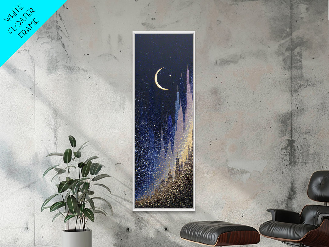 Night Skyline under Crescent Moon Framed Canvas Print, Urban Art, Original Art, Living Room Decor, Urban, Black Woman Art, URB-1x3-84