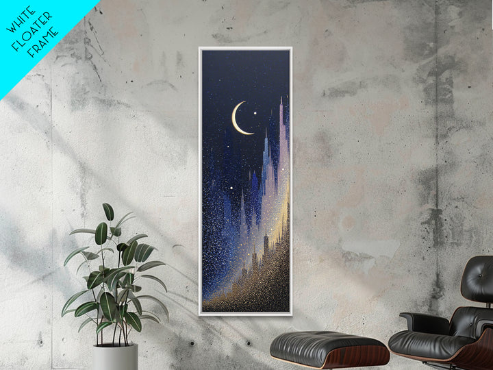 Night Skyline under Crescent Moon Framed Canvas Print, Urban Art, Original Art, Living Room Decor, Urban, Black Woman Art, URB-1x3-84