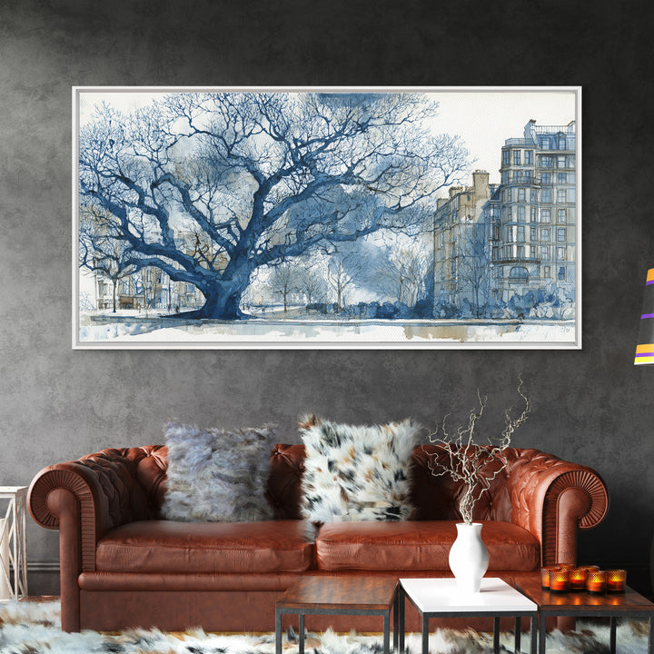 City Park Tree Framed by Buildings Framed Canvas Print, Urban Art, Fine Art Print, Living Room Decor, Watercolor Art, Urban, URB-2x1-14