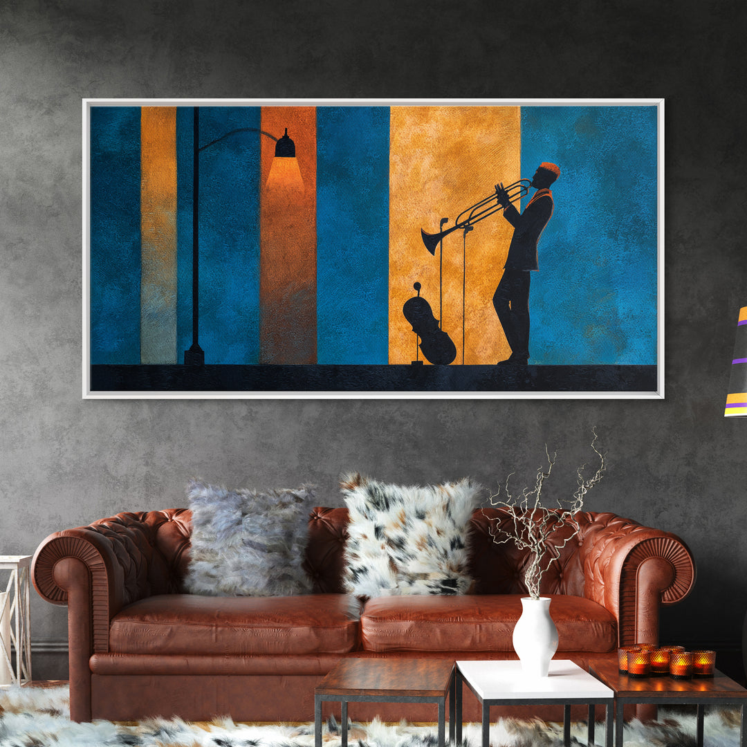 Urban Jazz Musician Silhouette Canvas Print, Urban Art, Wall Art, Living Room Decor, Watercolor Art, Urban, Digital Print, URB-2x1-36