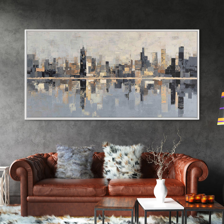 Moody City Skyline Reflected Framed Canvas Print, Urban Art, Original Painting, Living Room Decor, Urban, African American Art, URB-2x1-45
