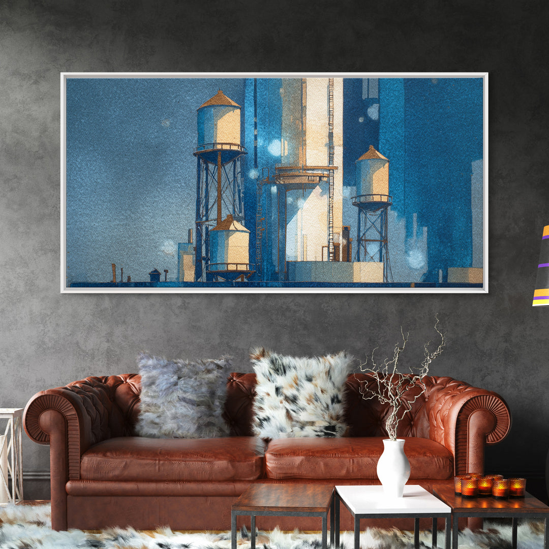 Rooftop Water Tower Framed Canvas Print, Urban Art, Poster, Living Room Decor, Watercolor Art, Urban, Modern Wall Art, URB-2x1-5