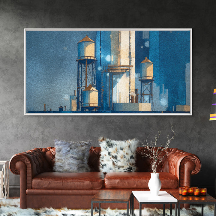 Rooftop Water Tower Framed Canvas Print, Urban Art, Poster, Living Room Decor, Watercolor Art, Urban, Modern Wall Art, URB-2x1-5