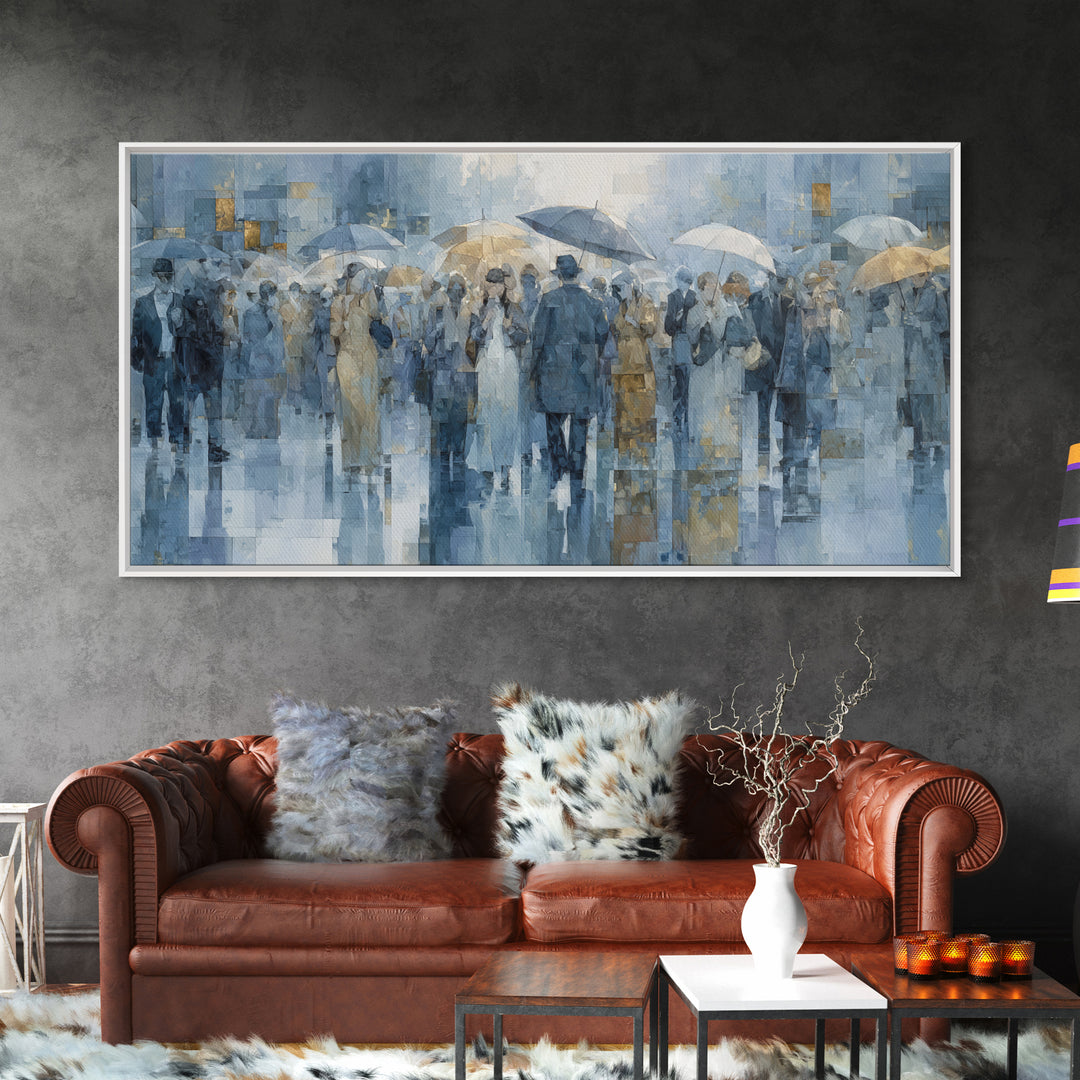 Rain Umbrella Figures Canvas Print, Urban Art, Oil Painting, Living Room Decor, Urban, Black Art Prints, Book Shelf Decor, URB-2x1-64