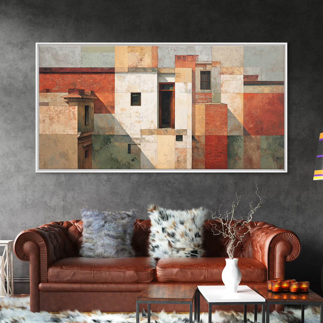 Brick Wall and Window Shadows as Geometry Canvas Print, Urban Art, Oil Painting, Living Room Decor, Urban, Black Art Prints, URB-2x1-73
