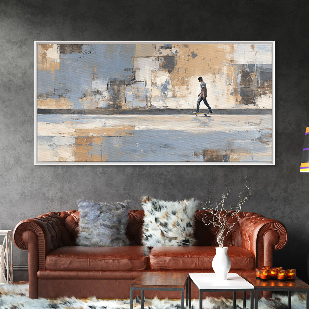 Skateboarder Crossing a Concrete Plaza Framed Canvas Print, Urban Art, Boho Decor, Living Room Decor, Fine Art, Urban, URB-2x1-75