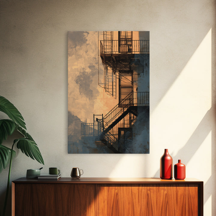 Fire Escape Silhouette Canvas Print, Urban Art, Luxury Decor, Living Room Decor, Fine Art, Urban, Oil Painting, URB-2x3-10