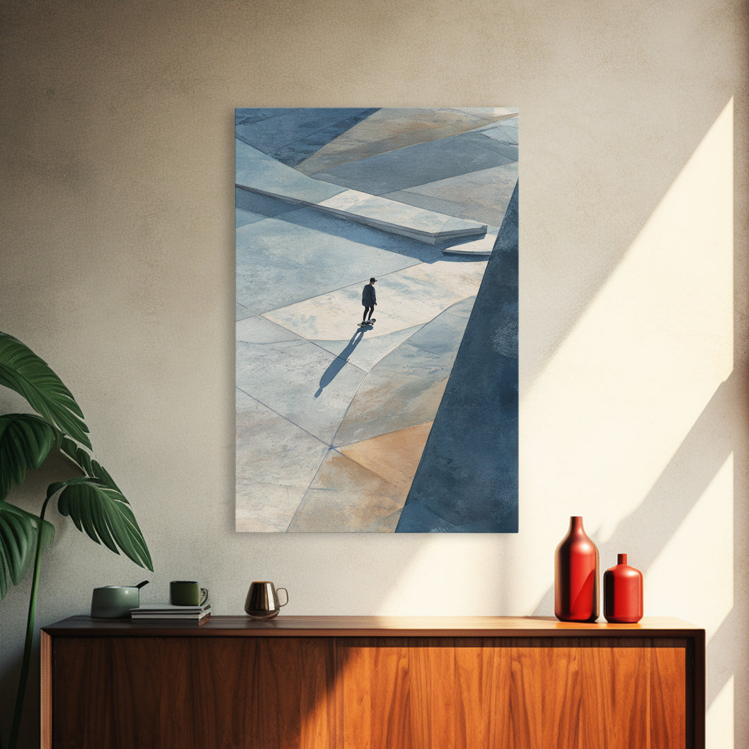 Skateboarder Crossing a Concrete Plaza Canvas Print, Urban Art, Gallery Decor, Living Room Decor, Fine Art, Urban, URB-2x3-15
