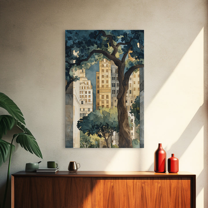 City Park Tree Framed by Buildings Framed Canvas Print, Urban Art, Boho Decor, Living Room Decor, Abstract Art, Urban, URB-2x3-2