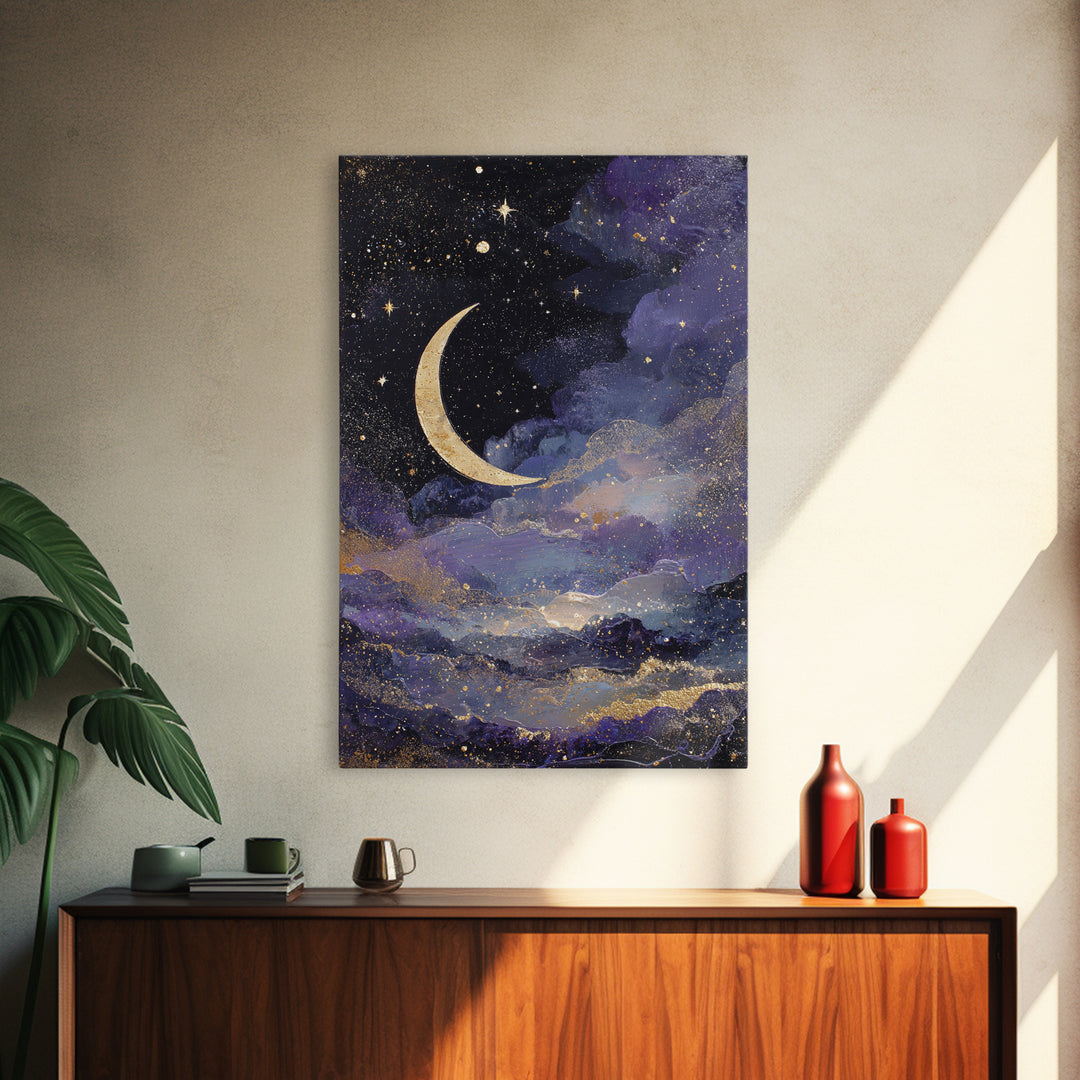 Night Skyline under Crescent Moon Canvas Print, Urban Art, Black Girl Wall Art, Living Room Decor, Abstract Art, Urban, URB-2x3-32
