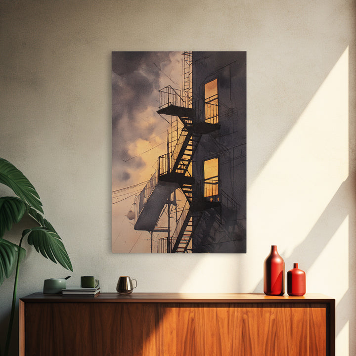 Fire Escape Silhouette Framed Canvas Print, Urban Art, Contemporary Art, Living Room Decor, Fine Art, Urban, Black Art, URB-2x3-34