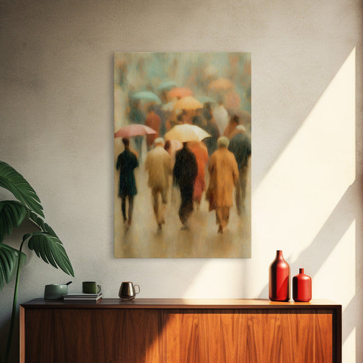 Rain Umbrella Figures Framed Canvas Print, Urban Art, Statement Artwork, Living Room Decor, Fine Art, Urban, Wall Decor, URB-2x3-4