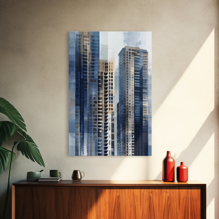Modern Skyscraper Glass Reflections Framed Canvas Print, Urban Art, Textured Painting, Living Room Decor, Fine Art, Urban, URB-2x3-46