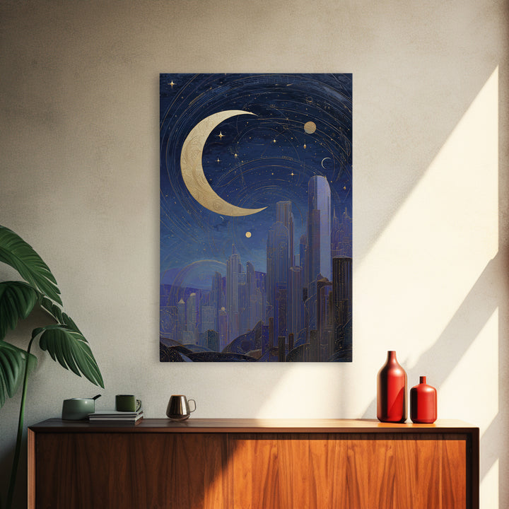 Night Skyline under Crescent Moon Framed Canvas Print, Urban Art, Neutral Decor, Living Room Decor, Fine Art, Urban, Wall Art, URB-2x3-56