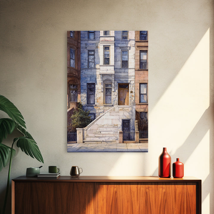Brownstone Row in Soft Morning Light Framed Canvas Print, Urban Art, Art Deco, Living Room Decor, Urban, Book Shelf Decor, URB-2x3-68