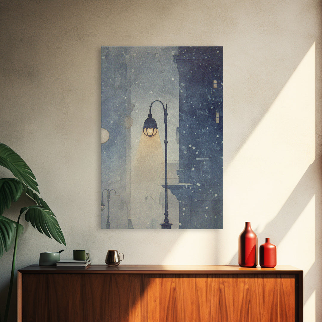 Streetlamp and Falling Snow Framed Canvas Print, Urban Art, Textured Wall Art, Living Room Decor, Urban, Digital Download Art, URB-2x3-93