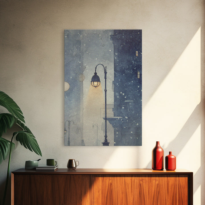 Streetlamp and Falling Snow Framed Canvas Print, Urban Art, Textured Wall Art, Living Room Decor, Urban, Digital Download Art, URB-2x3-93