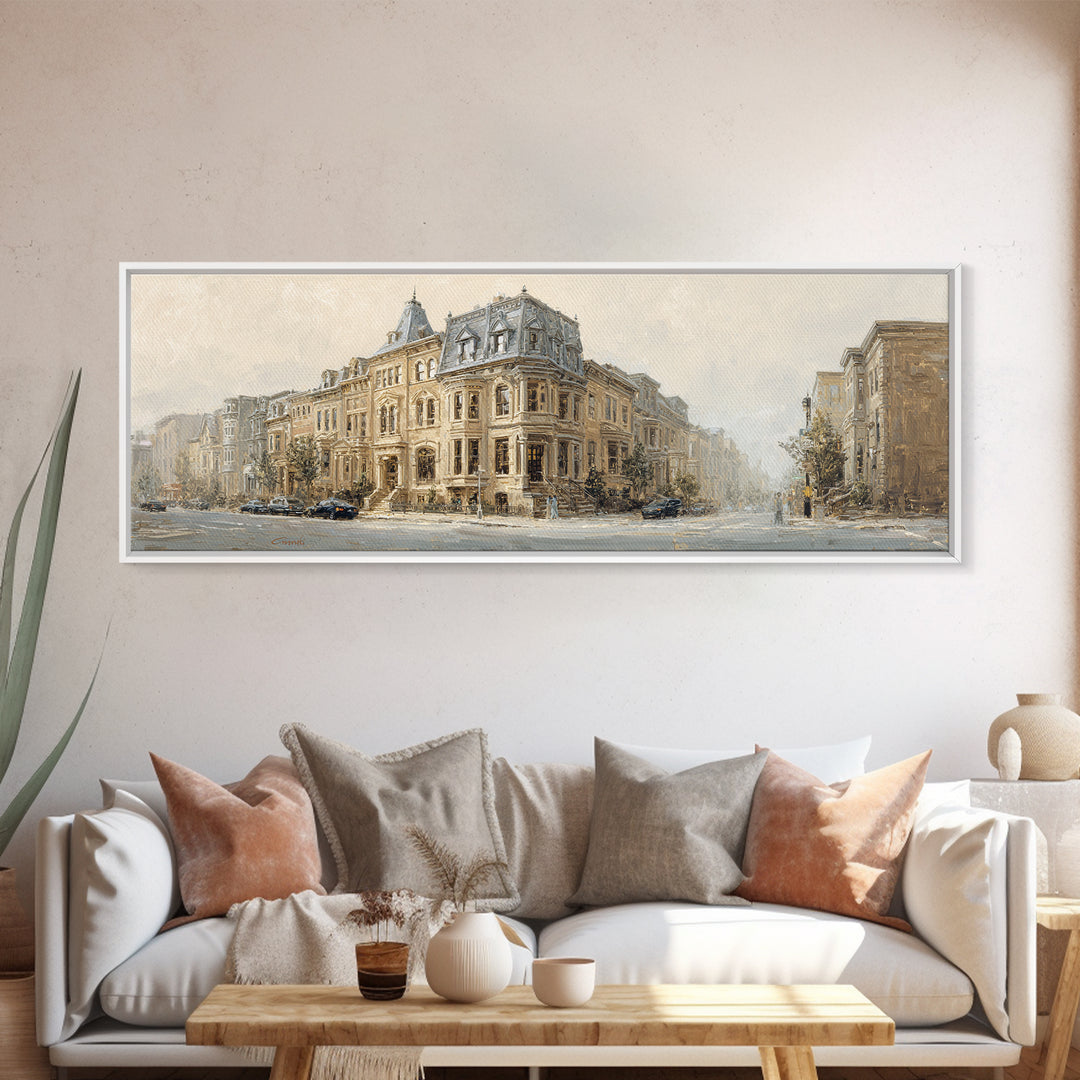 Brownstone Row in Soft Morning Light Canvas Print, Urban Art, Modern Decor, Living Room Decor, Abstract Art, Urban, Home Decor, URB-3x1-100