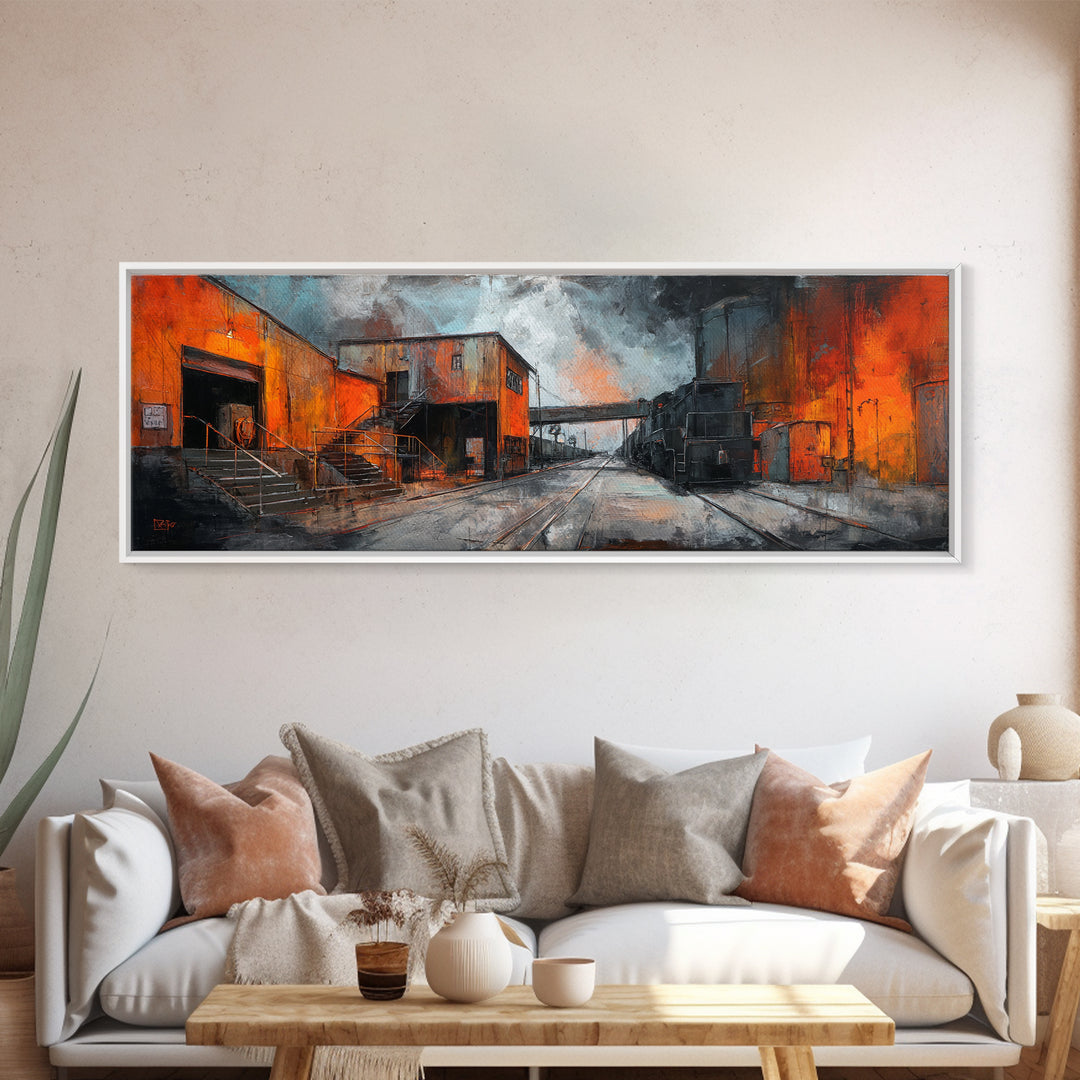 Industrial Rail Tracks Leading into City Canvas Print, Urban Art, Queer Art, Living Room Decor, Fine Art, Urban, URB-3x1-14
