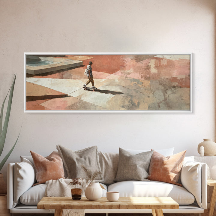 Skateboarder Crossing a Concrete Plaza Framed Canvas Print, Urban Art, Boho Decor, Living Room Decor, Fine Art, Urban, URB-3x1-23
