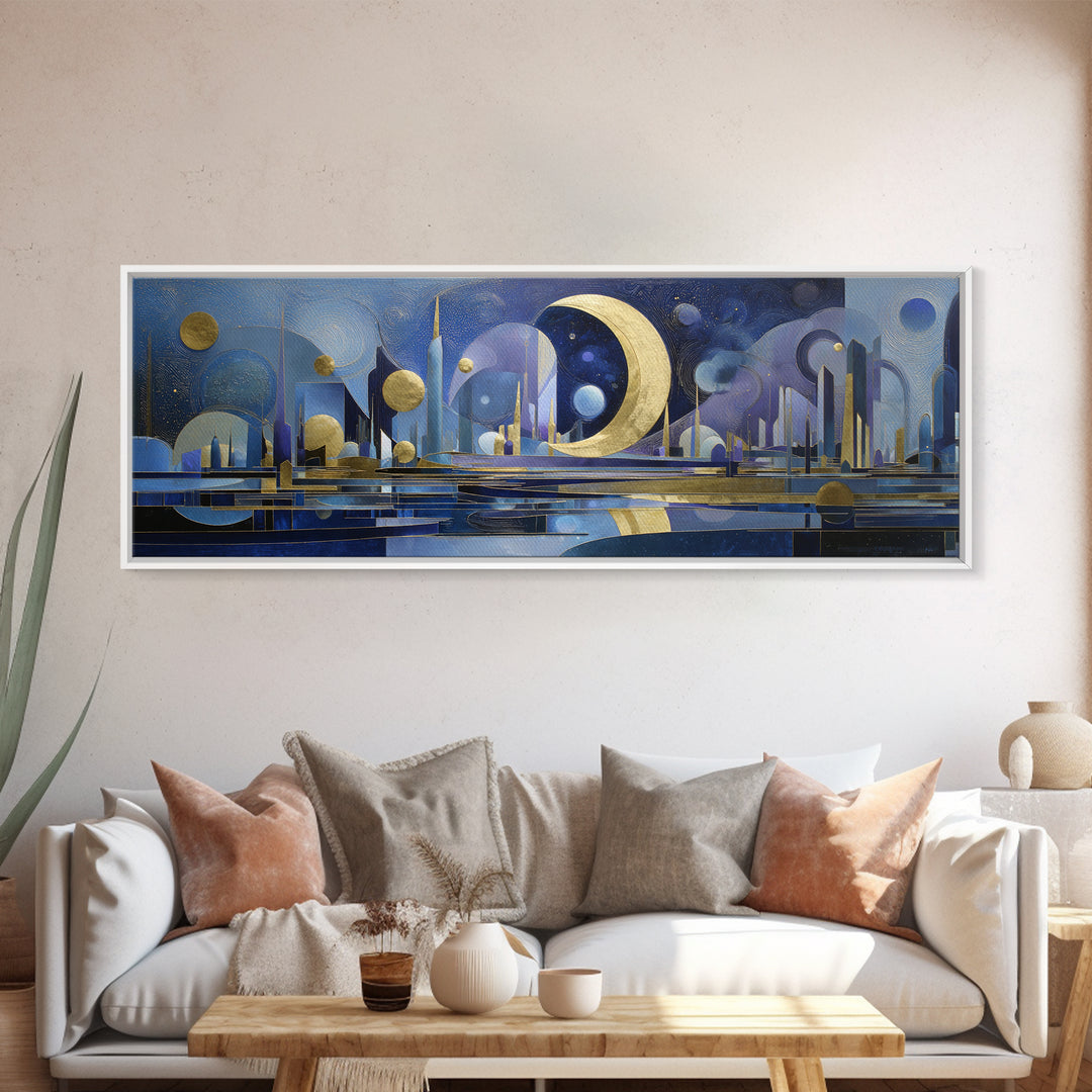 Night Skyline under Crescent Moon Canvas Print, Urban Art, Gallery Decor, Living Room Decor, Fine Art, Urban, Contemporary Art, URB-3x1-40
