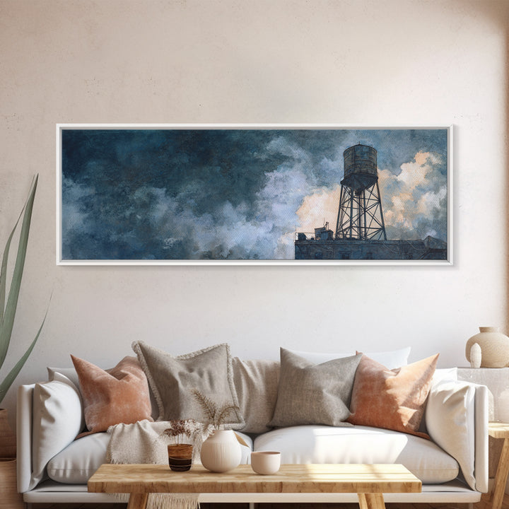Rooftop Water Tower Canvas Print, Urban Art, Black Art Prints, Living Room Decor, Abstract Art, Urban, Neutral Decor, URB-3x1-49