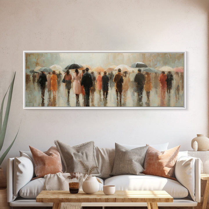Rain Umbrella Figures Framed Canvas Print, Urban Art, Boho Decor, Living Room Decor, Fine Art, Urban, Digital Prints, URB-3x1-60