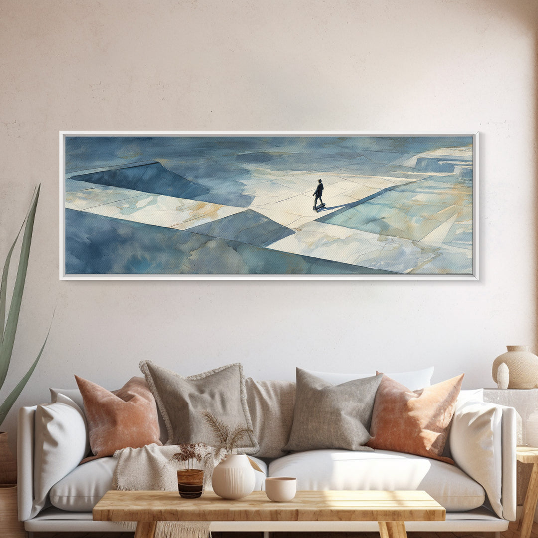 Skateboarder Crossing a Concrete Plaza Canvas Print, Urban Art, Original Art, Living Room Decor, Urban, Black Woman Art, URB-3x1-71